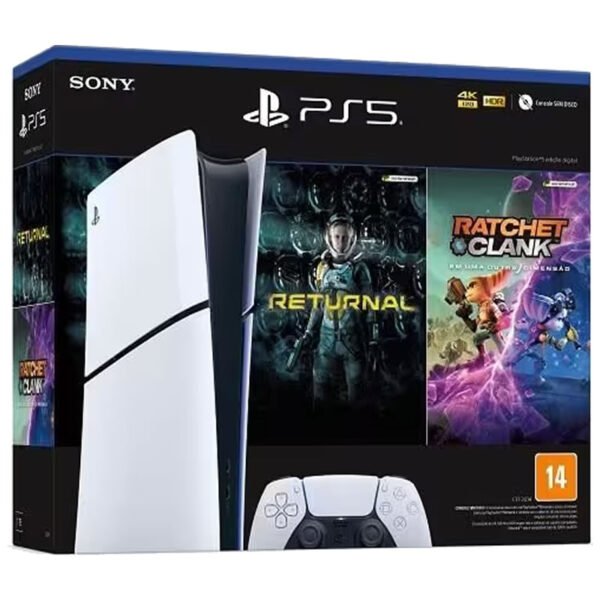 PS5 Playstation 5 Sony Slim SSD 1TB Controle sem fio DualSense, Branco + Jogos Returnal e Ratchet & Clank