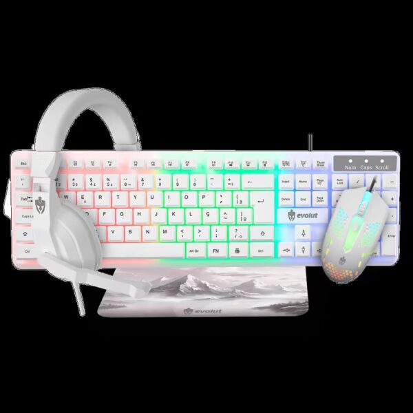 Combo Gamer Starter Branco (Teclado+Mouse+Fone+Mousepad) – Evolut