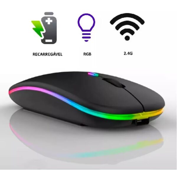 Mouse Wireless Recarregável LED Sem Fio RGB Portátil Silencioso