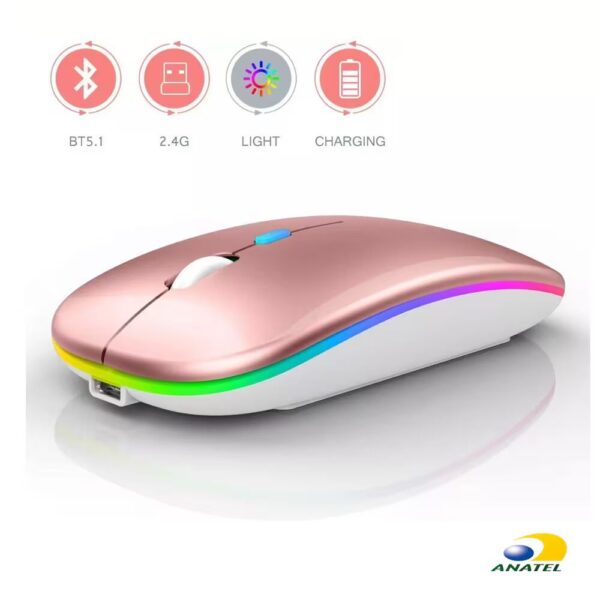 Mouse Wireless Recarregável LED Sem Fio Portátil Silencioso Rgb 2.4ghz Rosa